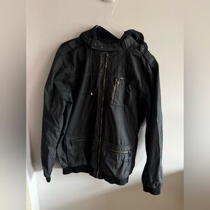 KR3W Black Polyurethane Jacket Hooded Zip Up Y2K Skater Streetwear Size XL